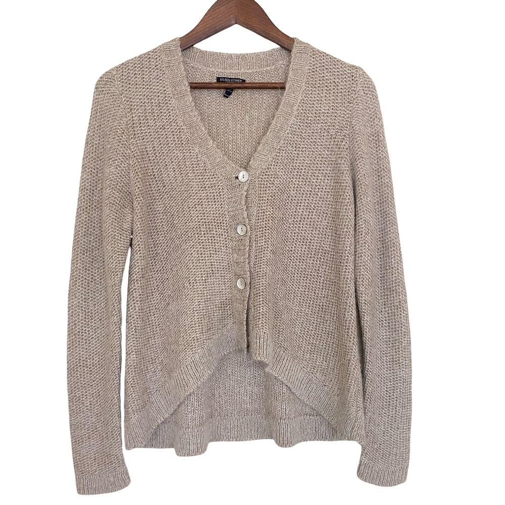 Eileen Fisher Size PM Cardigan Mohair Alpaca Blend High Low Beige V-Neck Sweater